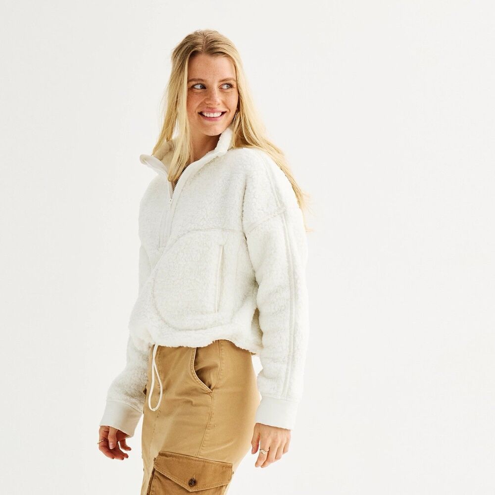 Juniors' SO Pullover White Size S Sherpa High Pile Oversize Quarter-Zip New